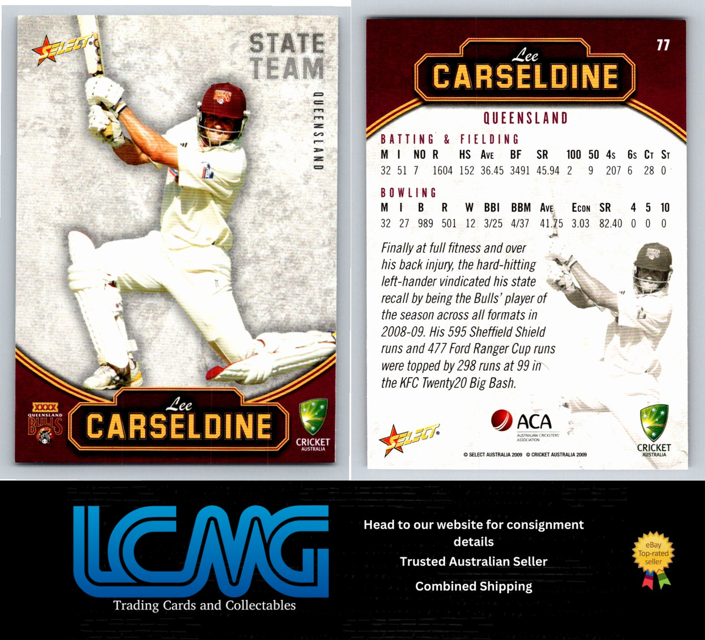 Select Cricket 2009 2010 Card # 77 Lee Carseldine