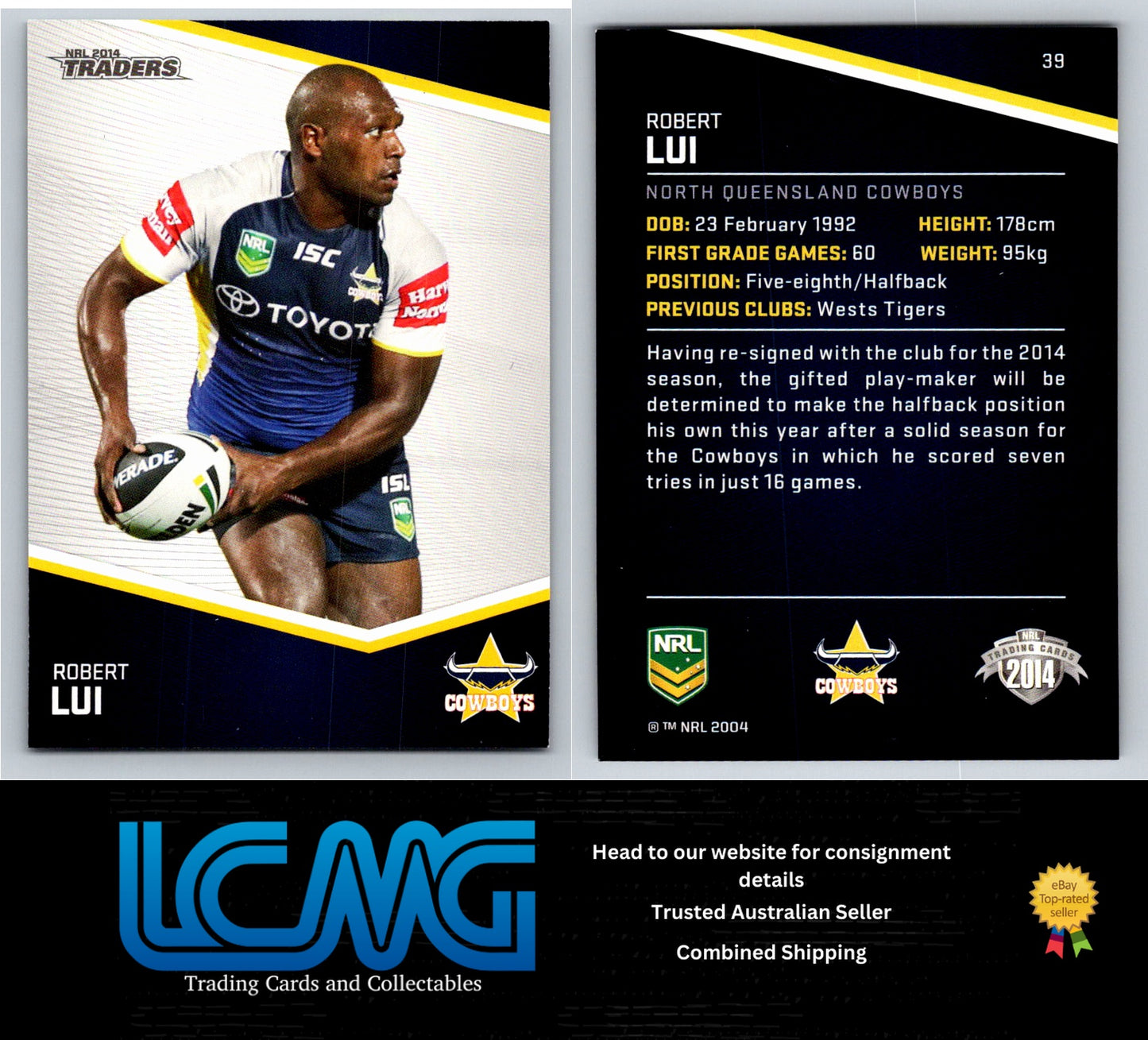 Card #  39 Robert Lui  NRL 2014 Traders  Nth Queensland Cowboys