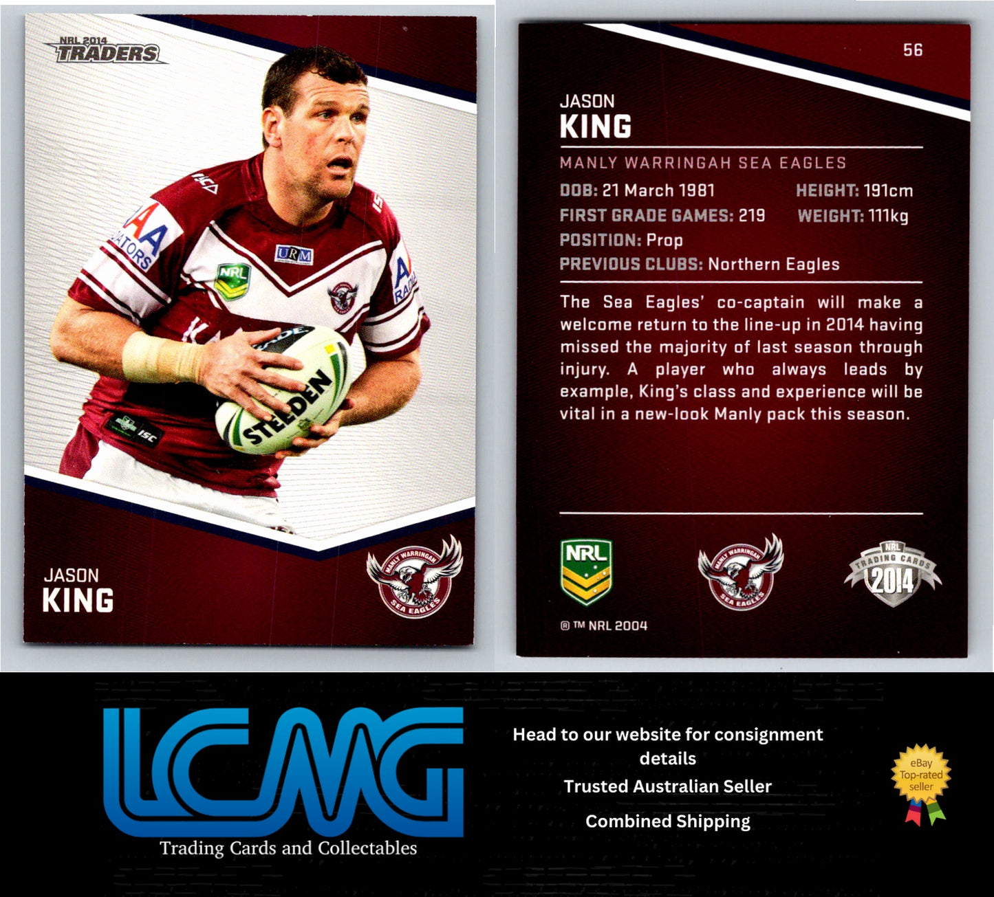 Card #  56 Jason King  NRL 2014 Traders  Manly Warringah Sea Eagles