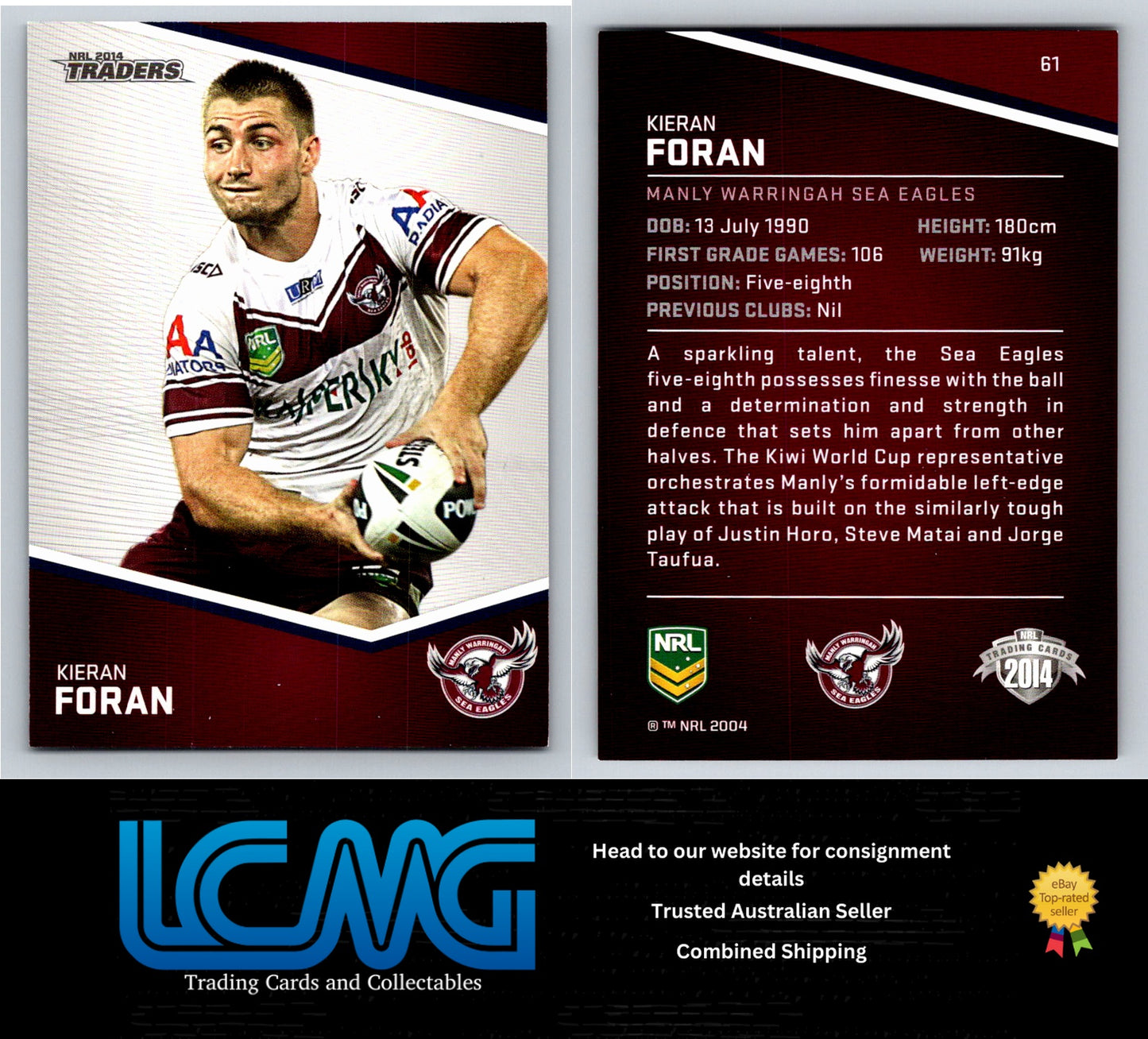 Card #  61 Kieran Foran  NRL 2014 Traders  Manly Warringah Sea Eagles