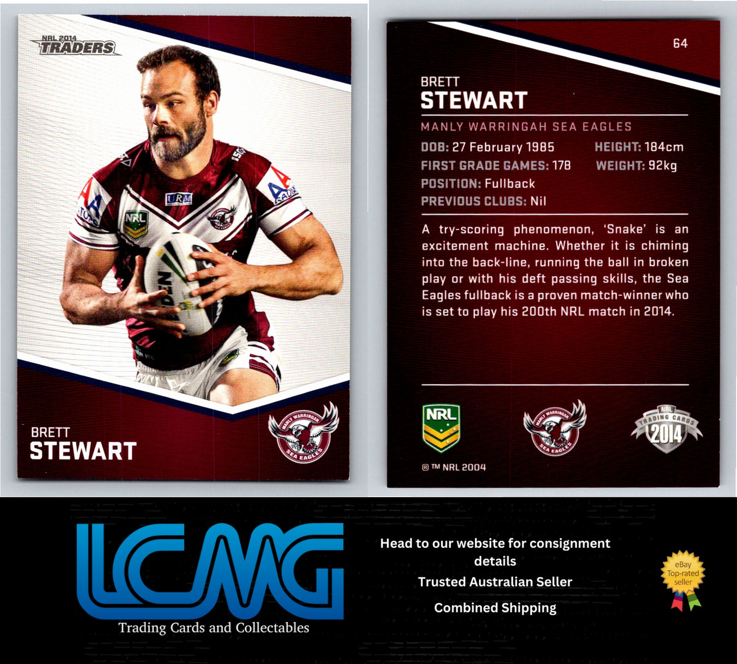 Card #  64 Brett Stewart  NRL 2014 Traders  Manly Warringah Sea Eagles