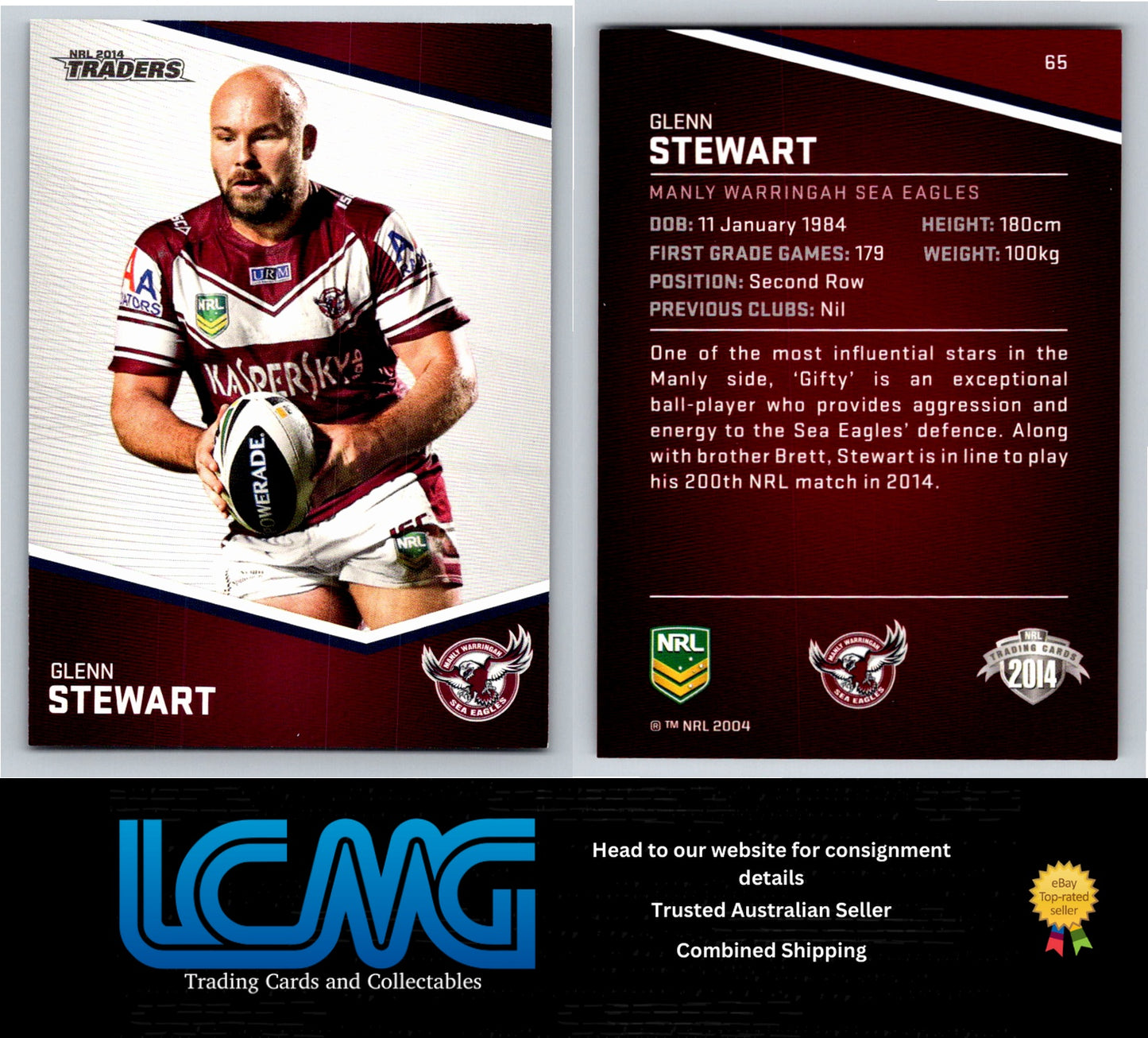 Card #  65 Glenn Stewart  NRL 2014 Traders  Manly Warringah Sea Eagles