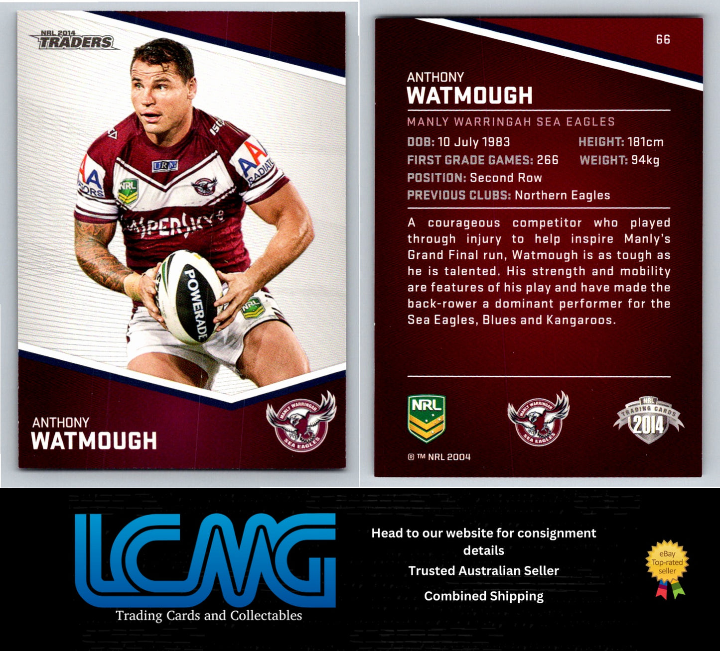 Card #  66 Anthony Watmough  NRL 2014 Traders  Manly Warringah Sea Eagles