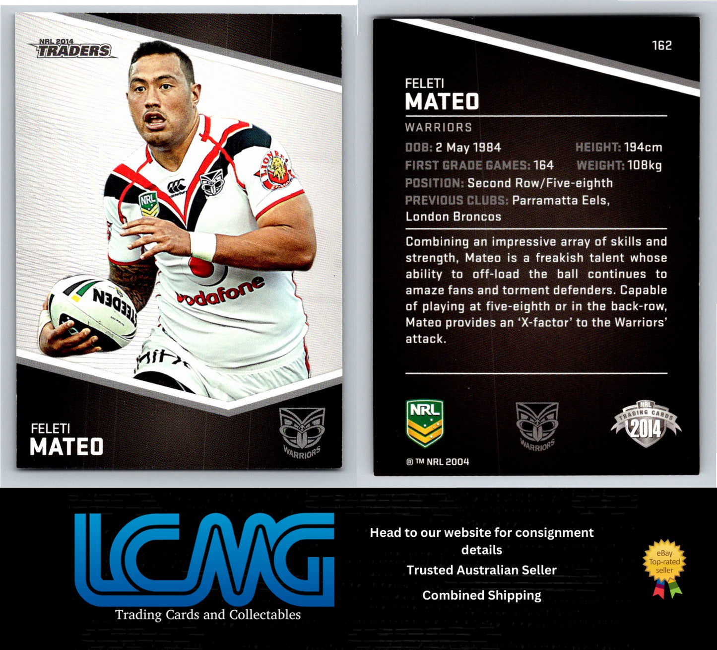 Card #  162 Feleti Mateo  NRL 2014 Traders  Warriors