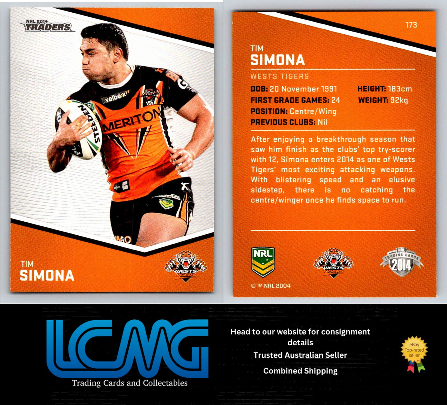 Card #  173 Tim Simona   NRL 2014 Traders  Wests Tigers
