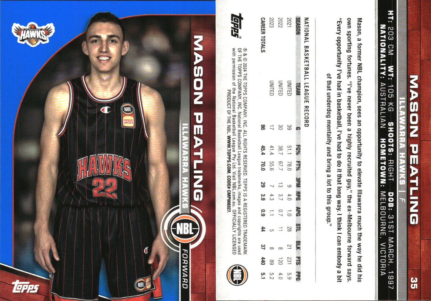 2023-24 Topps NBL Blue Parallel Mason Peatling Illawarra Hawks