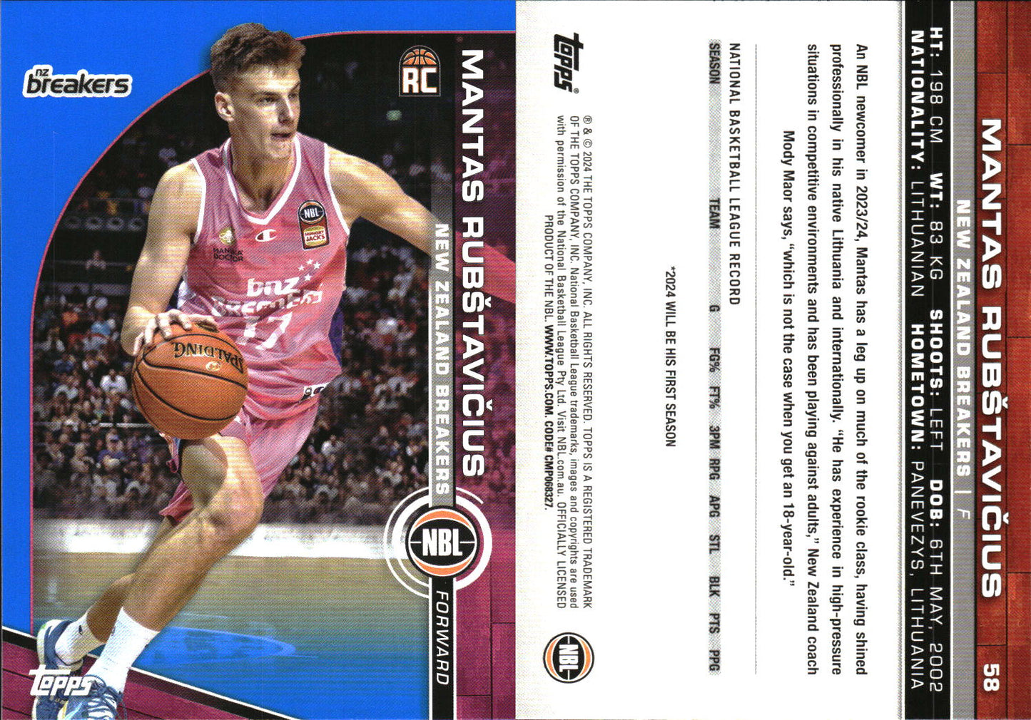 2023-24 Topps NBL Blue Parallel Mantas Rubstavicius Rookie NZ Breakers