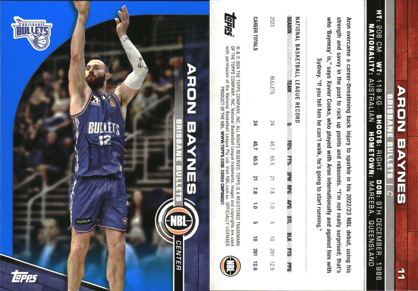 2023-24 Topps NBL Blue Parallel Aron Baynes Brisbane Bullets