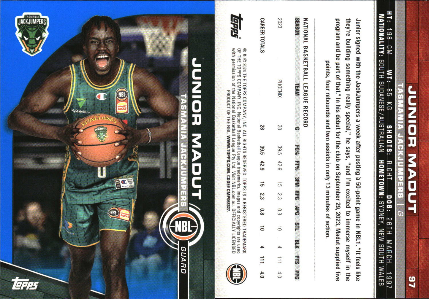 2023-24 Topps NBL Blue Parallel Junior Madut Tasmania JackJumpers