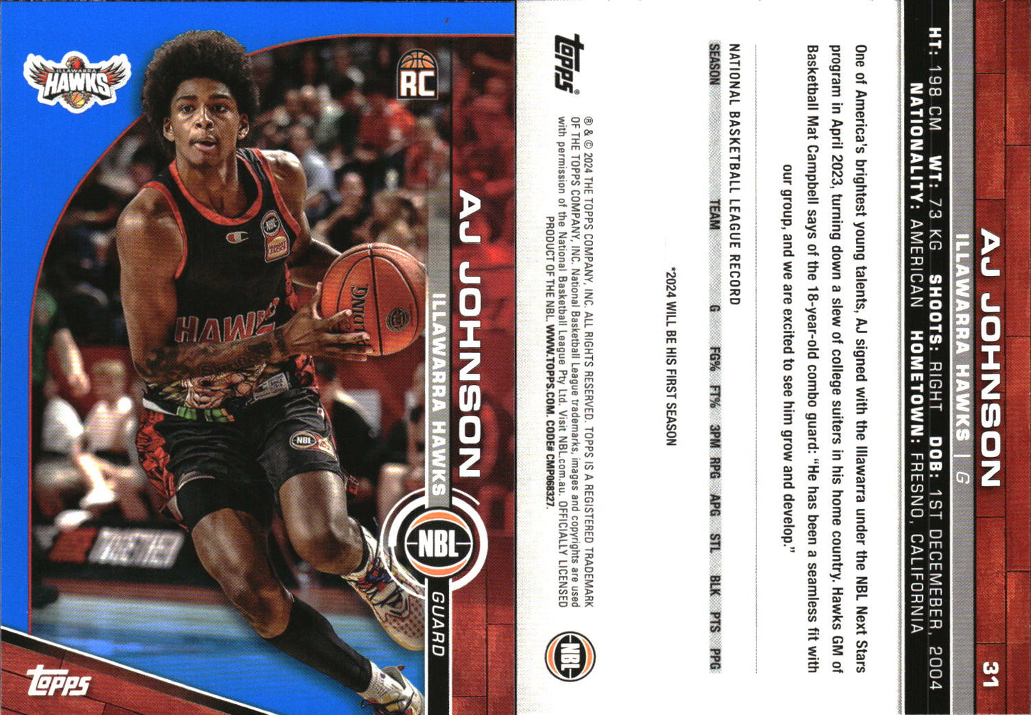 2023-24 Topps NBL Blue Parallel AJ Johnson Rookie Illawarra Hawks