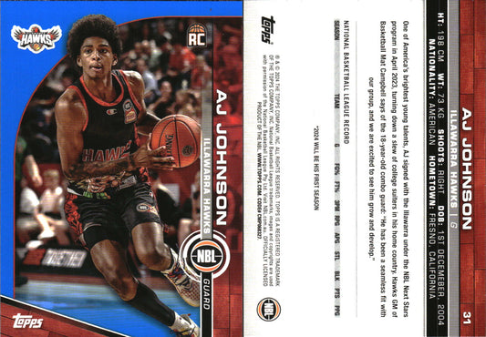 2023-24 Topps NBL Blue Parallel AJ Johnson Rookie Illawarra Hawks
