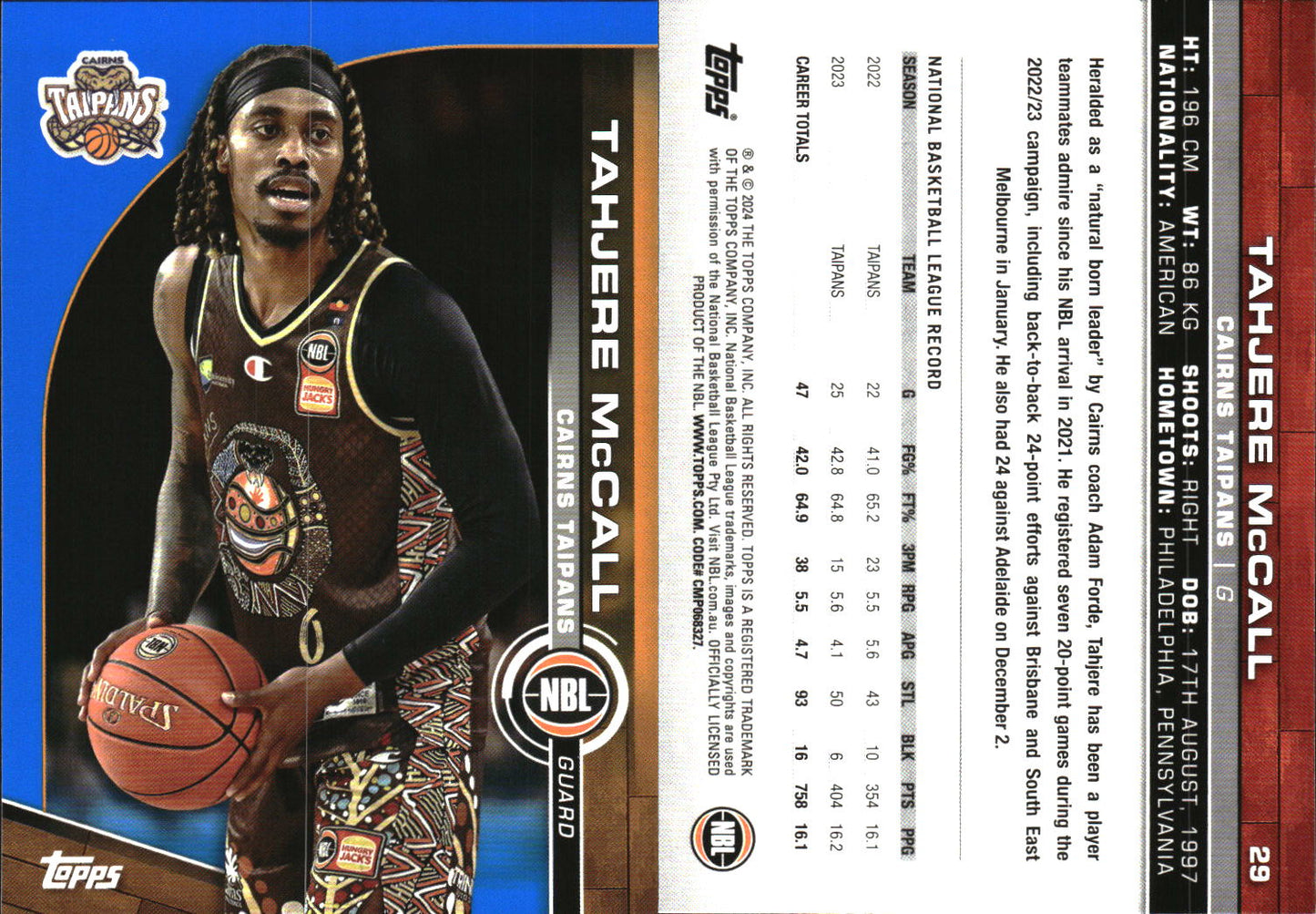 2023-24 Topps NBL Blue Parallel Tahjere McCall Cairns Tapians