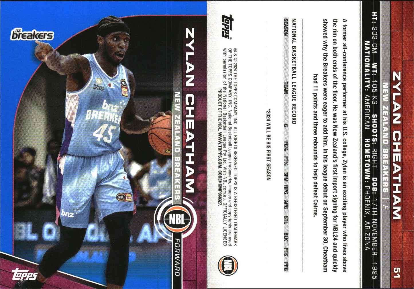 2023-24 Topps NBL Blue Parallel Zylan Cheatham NZ Breakers