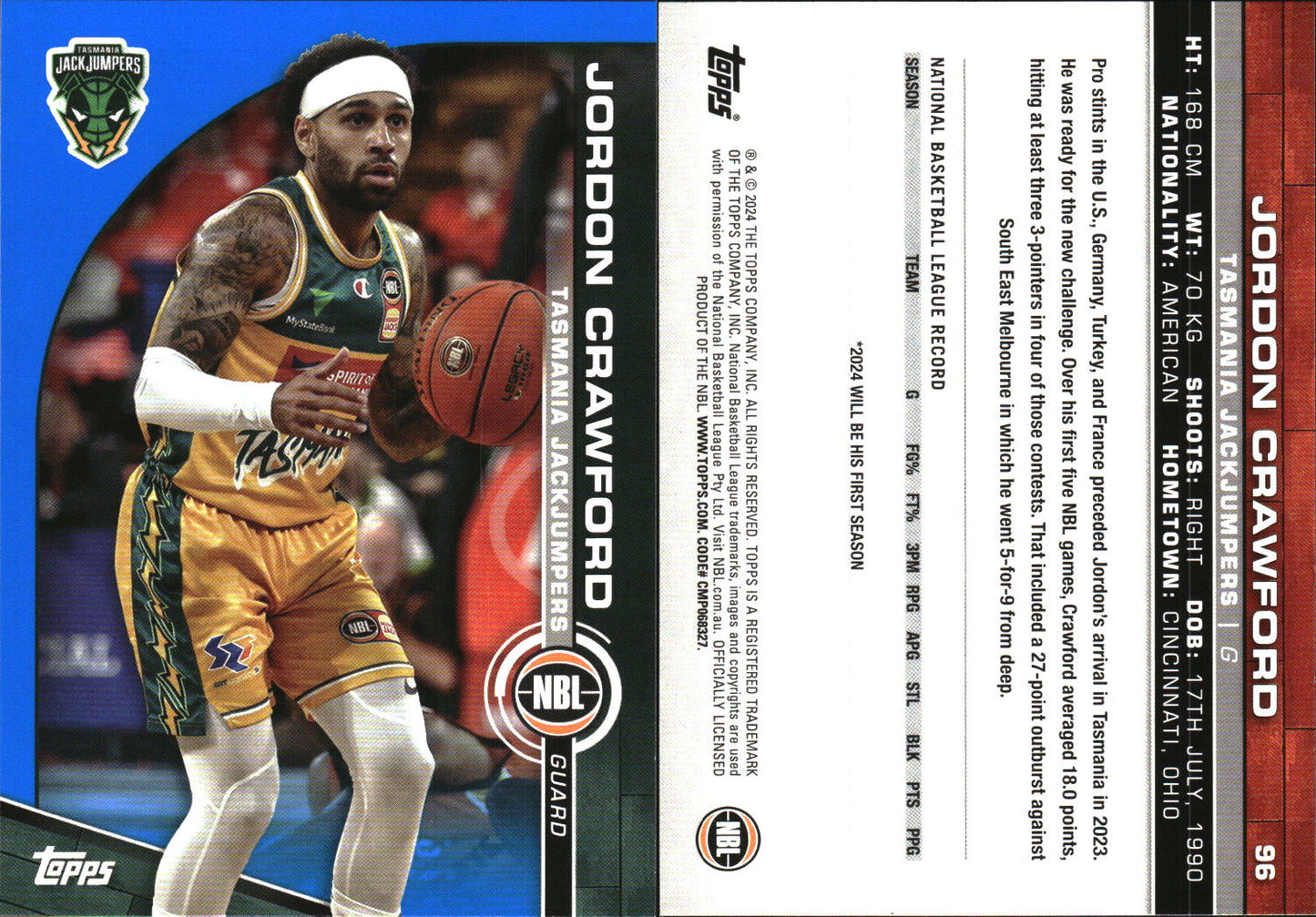 2023-24 Topps NBL Blue Parallel Jordan Crawford Tasmania JackJumpers