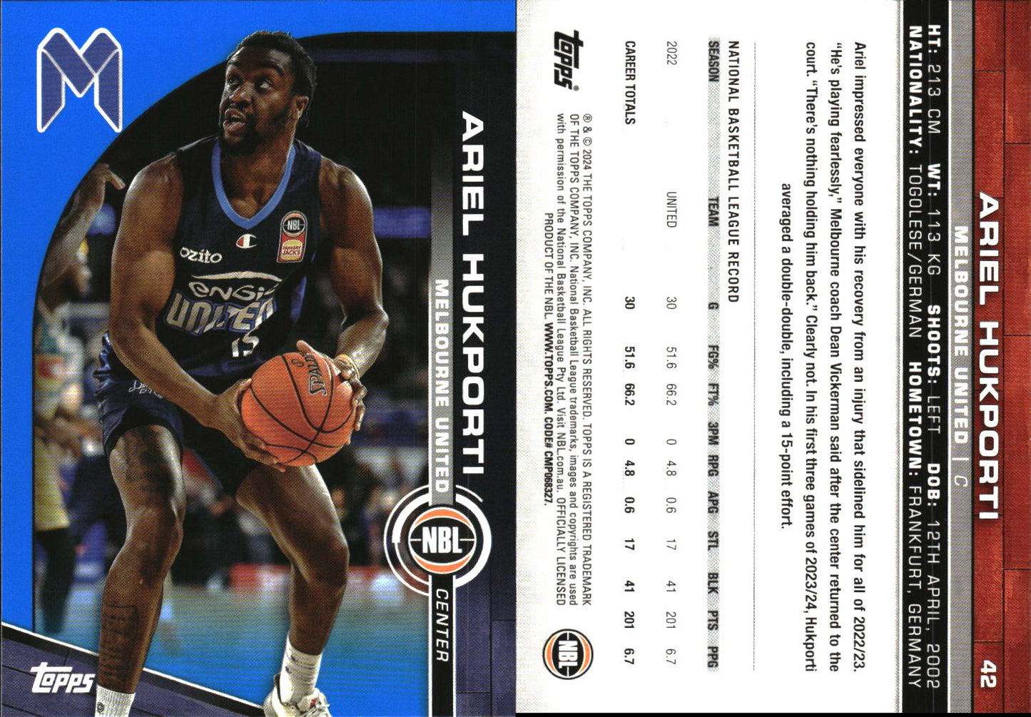 2023-24 Topps NBL Blue Parallel Ariel Hukporti Melbourne United