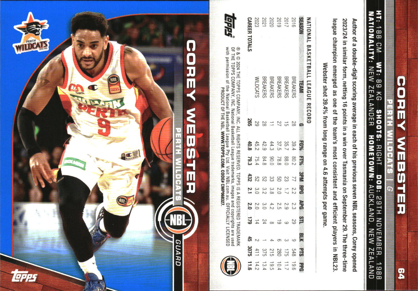 2023-24 Topps NBL Blue Parallel Corey Webster Perth Wildcats
