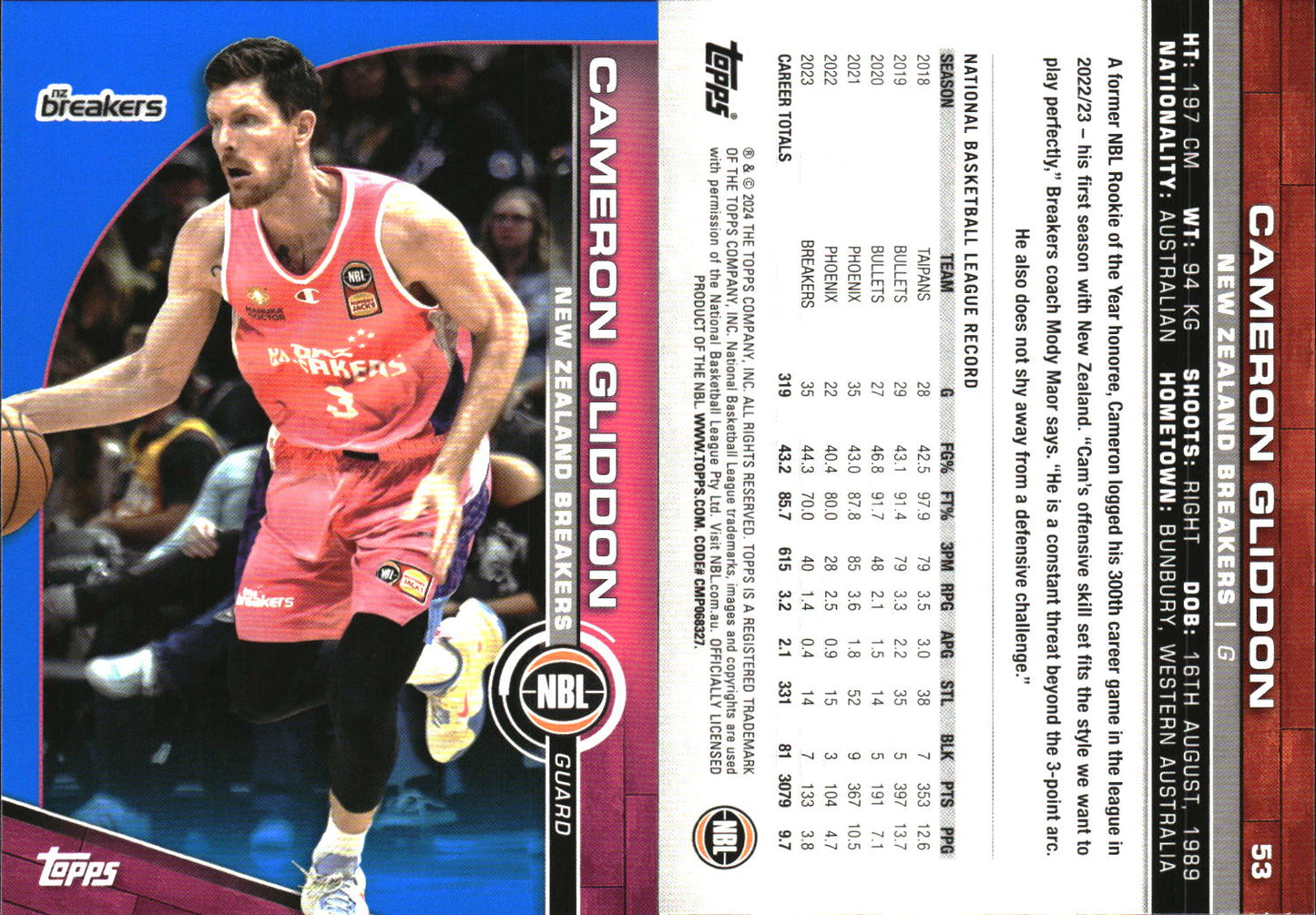 2023-24 Topps NBL Blue Parallel Cameron Gliddon NZ Breakers