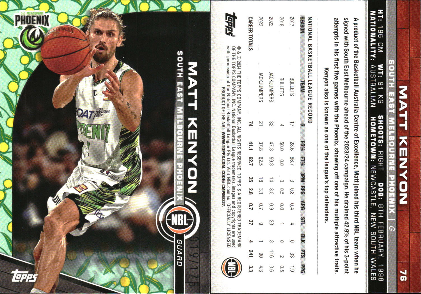 2023 2024 Topps NBL Golden Wattle /175 Matt Kenyon SE Melbourne Phoenix