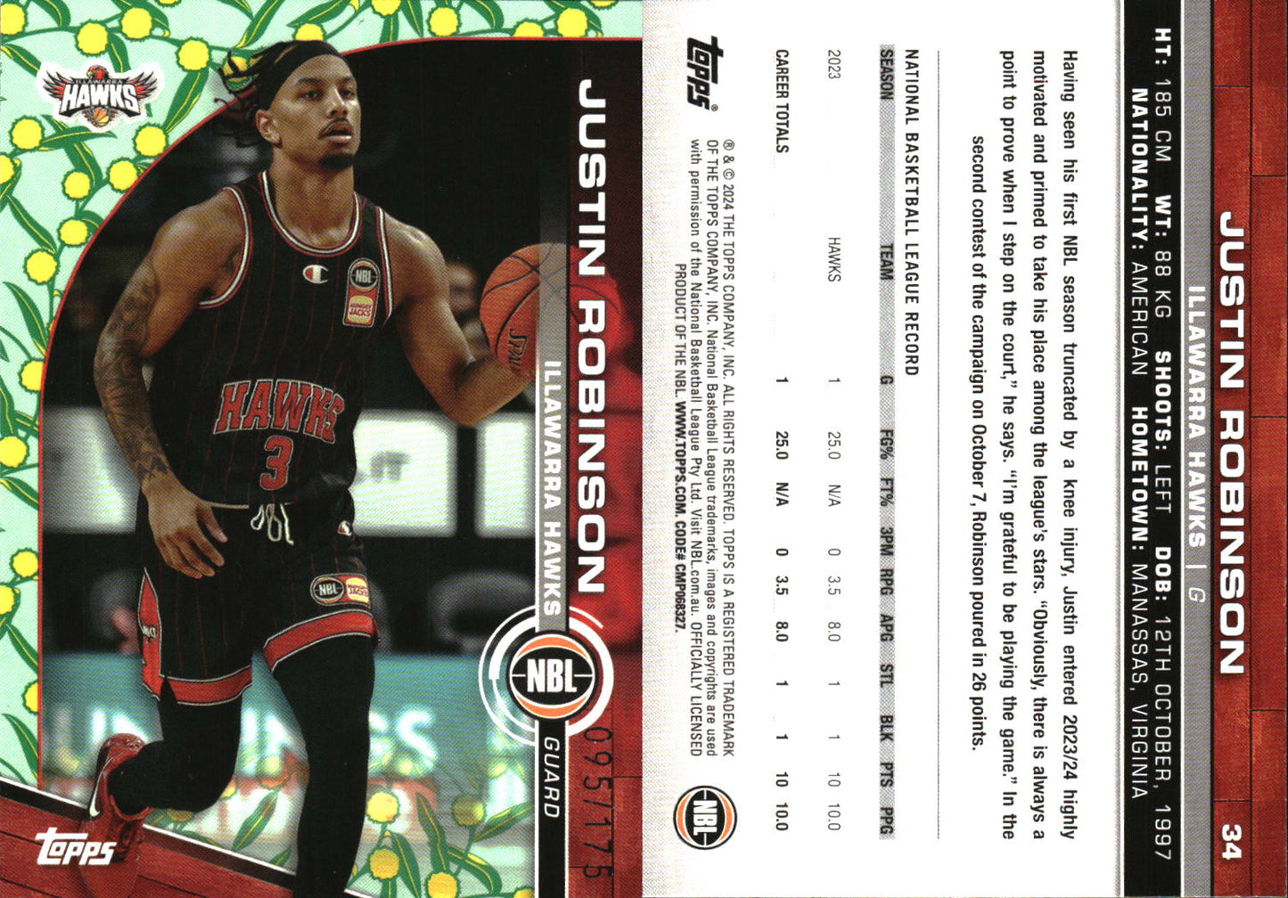 2023 2024 Topps NBL Golden Wattle /175 Justin Robinson Illawarra Hawks