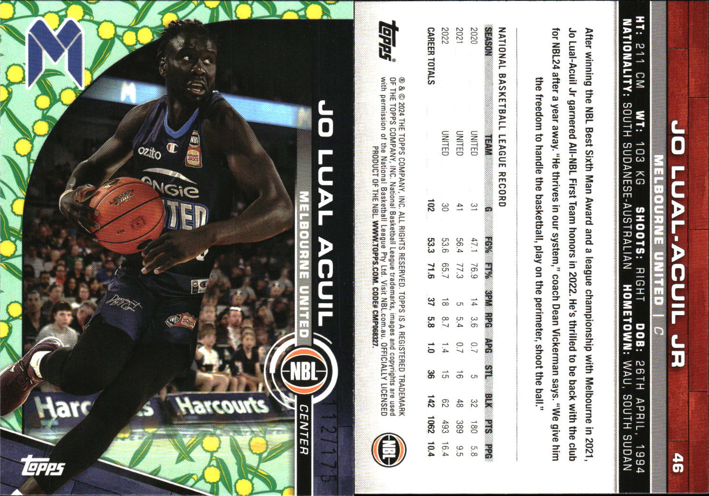 2023 2024 Topps NBL Golden Wattle /175 Jo Lual Acuil Melbourn United