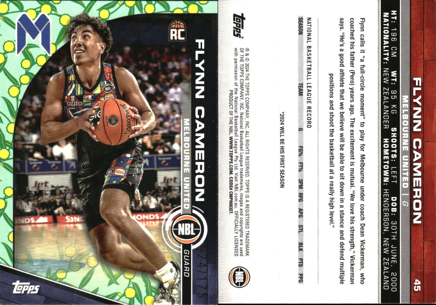 2023 2024 Topps NBL Golden Wattle /175 Flynn Cameron melbourne United Rookie