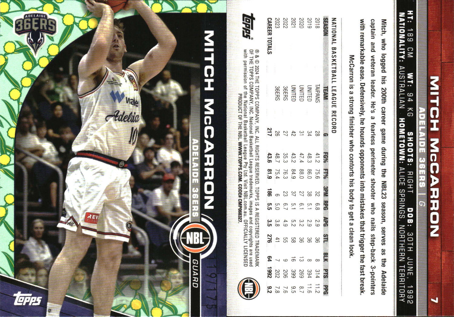 2023 2024 Topps NBL Golden Wattle /175 Mitch McCarron Adelaide 36ers