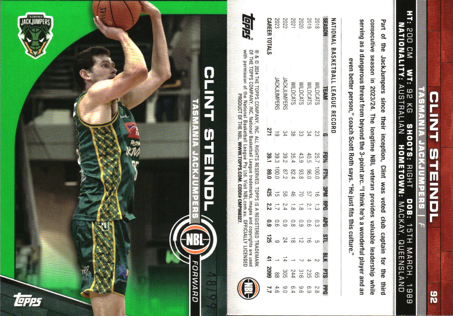 2023 2024 Topps NBL Green /99 Clint Steindl Tasmania JackJumpers