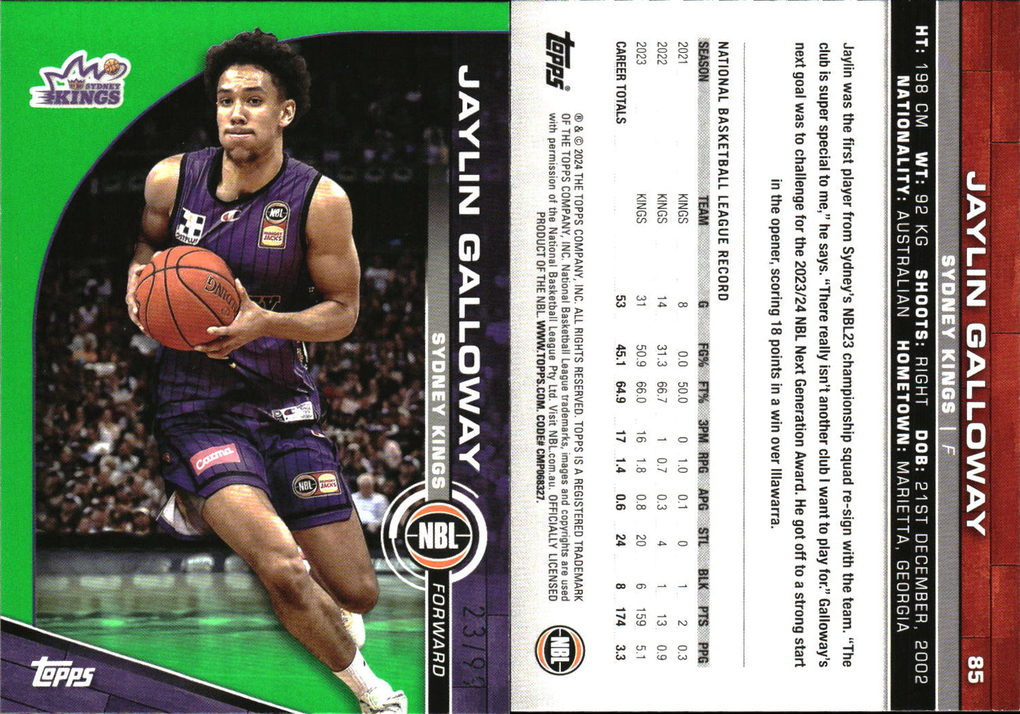 2023 2024 Topps NBL Green /99 Jaylin Galloway Sydney Kings