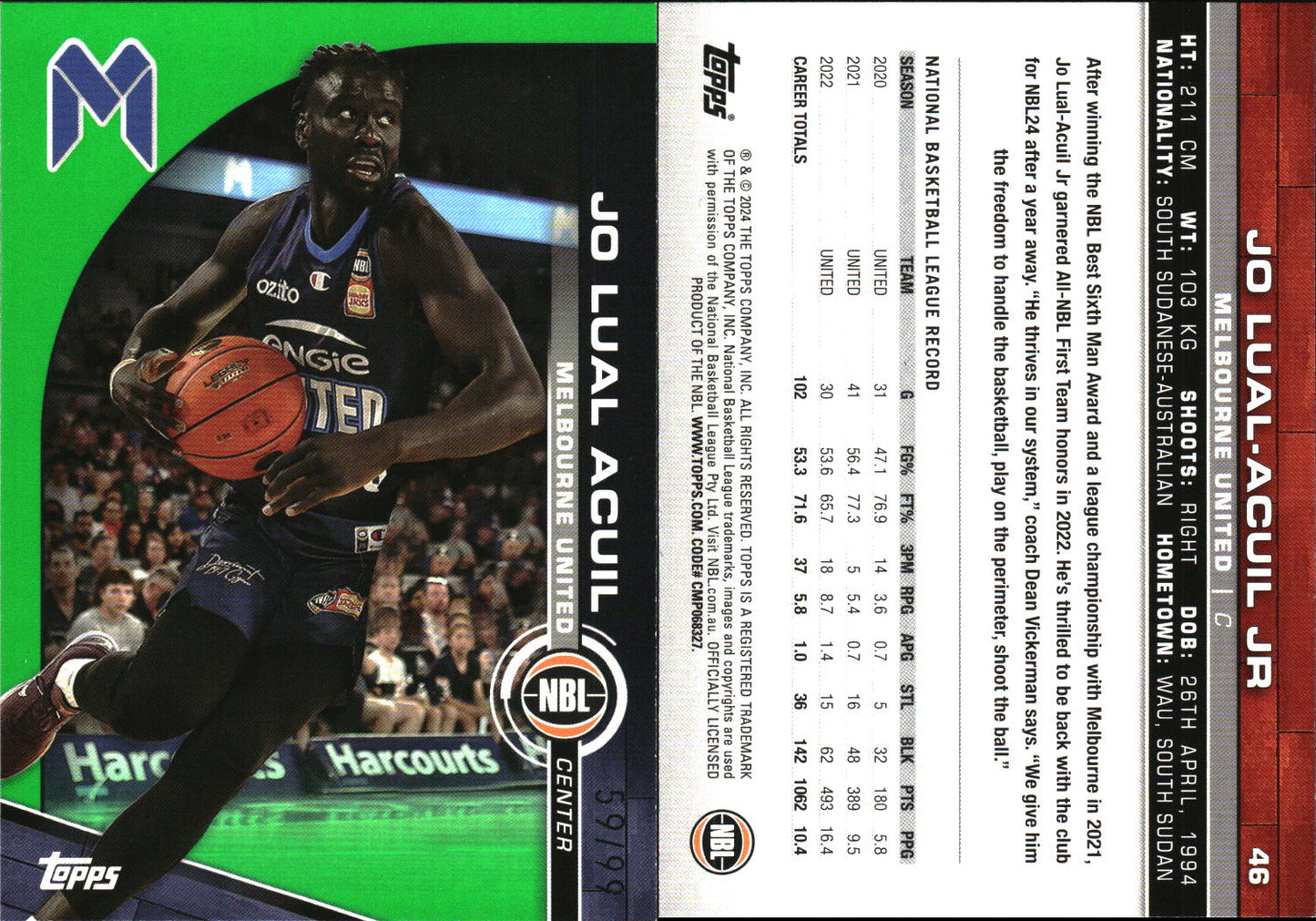 2023 2024 Topps NBL Green /99 Jo Lual Acuil Melbourne United