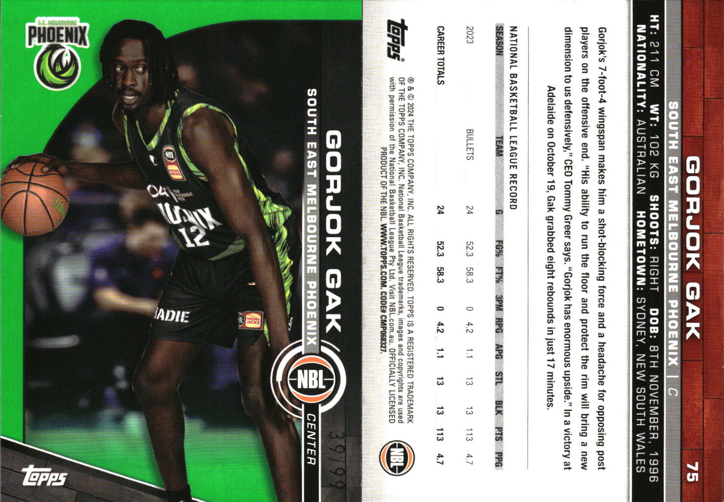 2023 2024 Topps NBL Green /99 Gorjok Gak SE Melbourne Phoenix