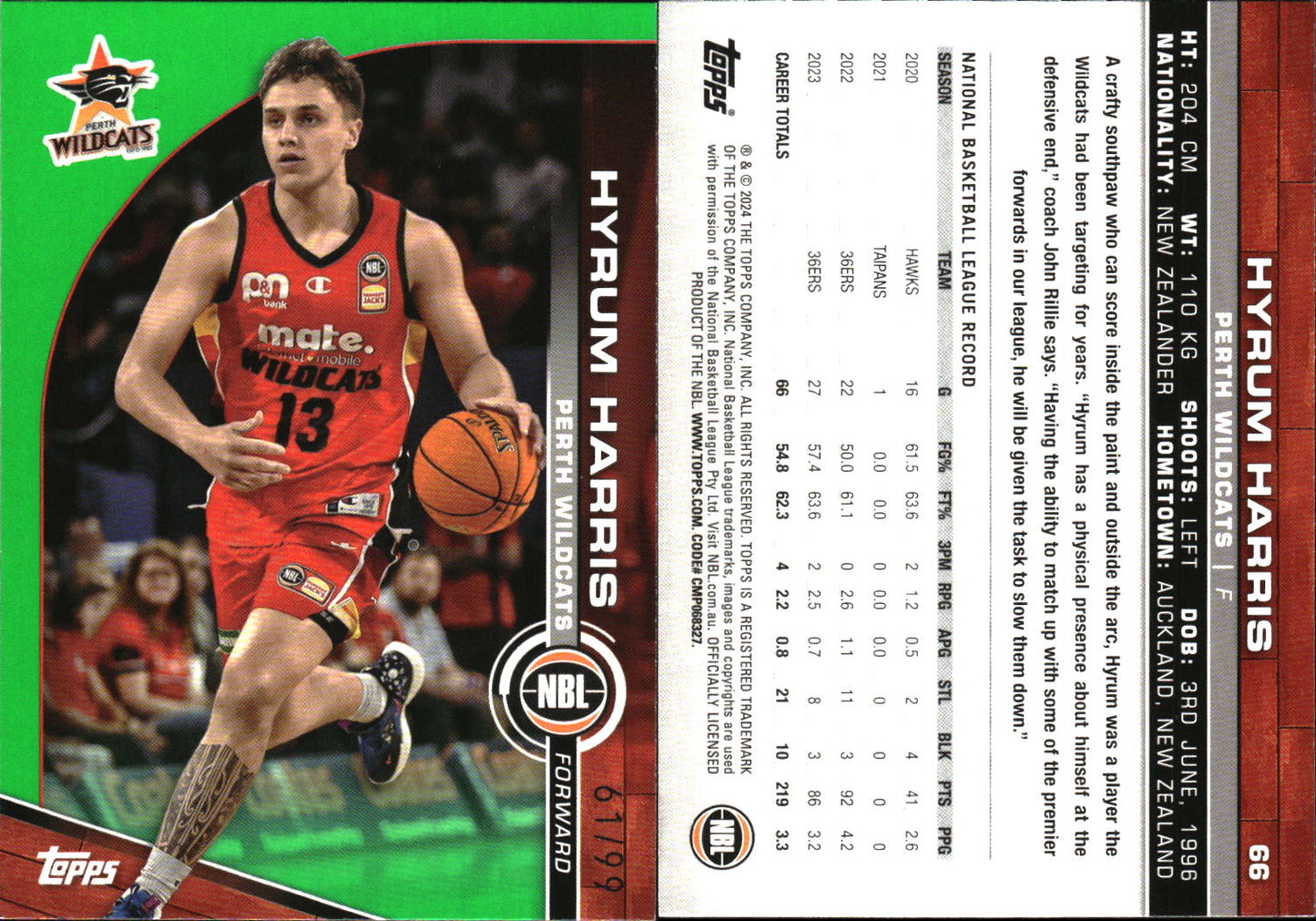 2023 2024 Topps NBL Green /99 Hyrum Harris Perth Wildcats