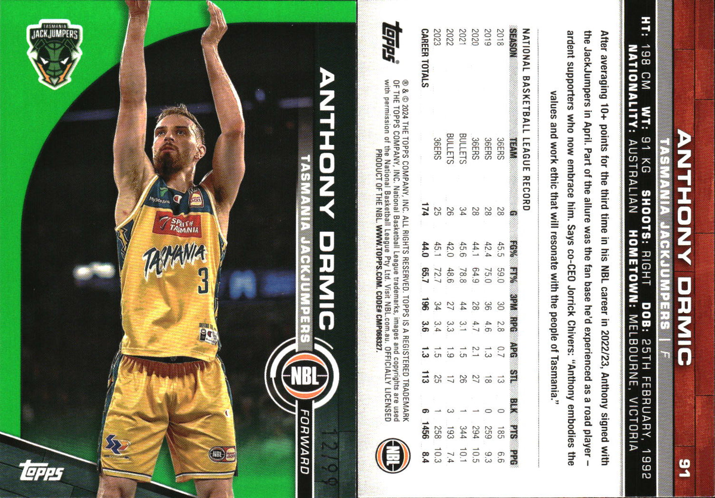 2023 2024 Topps NBL Green /99 Anthony Drmic Tasmania JackJumpers