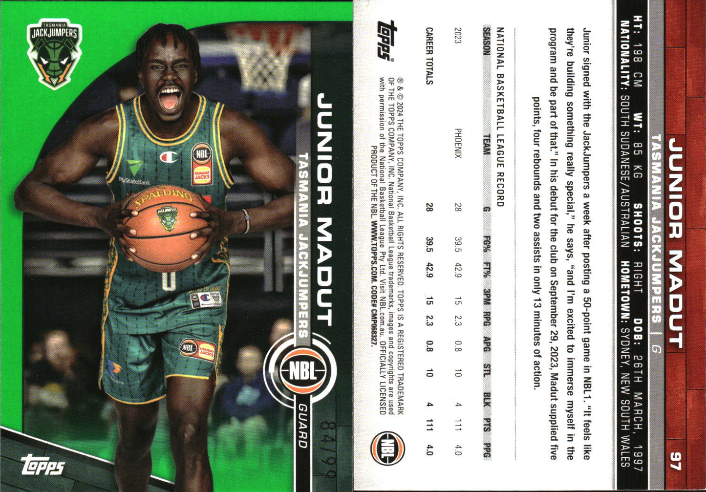 2023 2024 Topps NBL Green /99 Junior Madut Tasmania JackJumpers