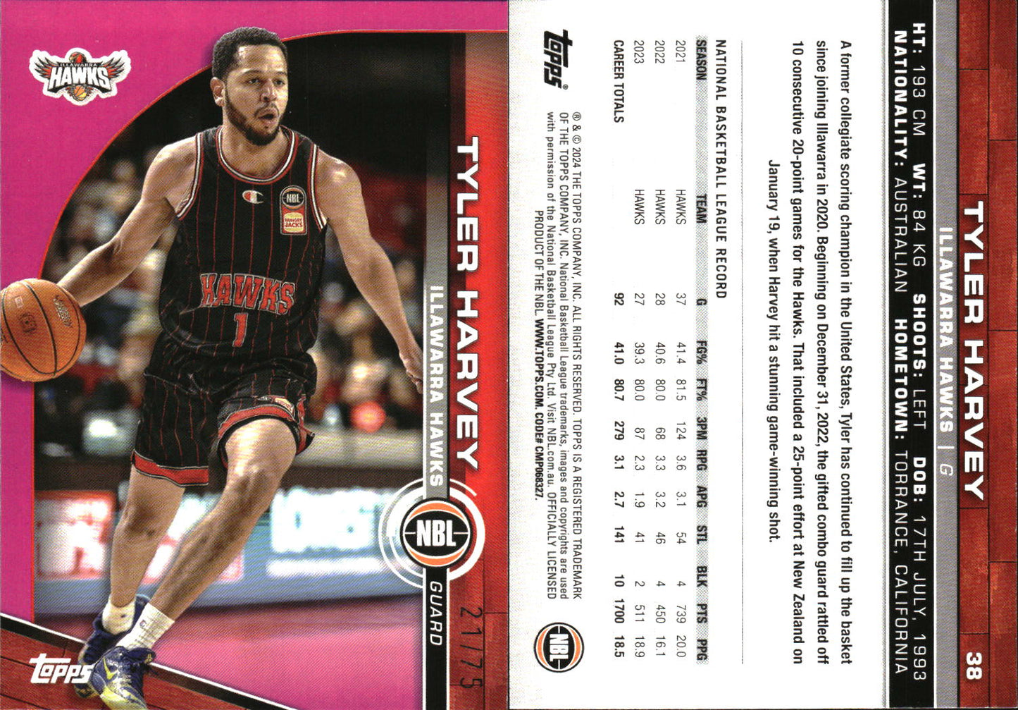 2023 2024 Topps NBL Fuschia Pink /75 Tyler Harvery Illawarra Hawks