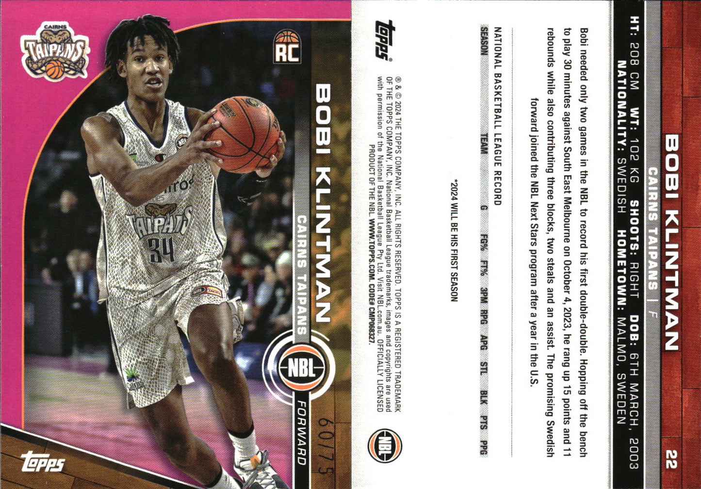 2023 2024 Topps NBL Fuschia Pink /75 Bobi Klintman Cairns Taipans Rookie