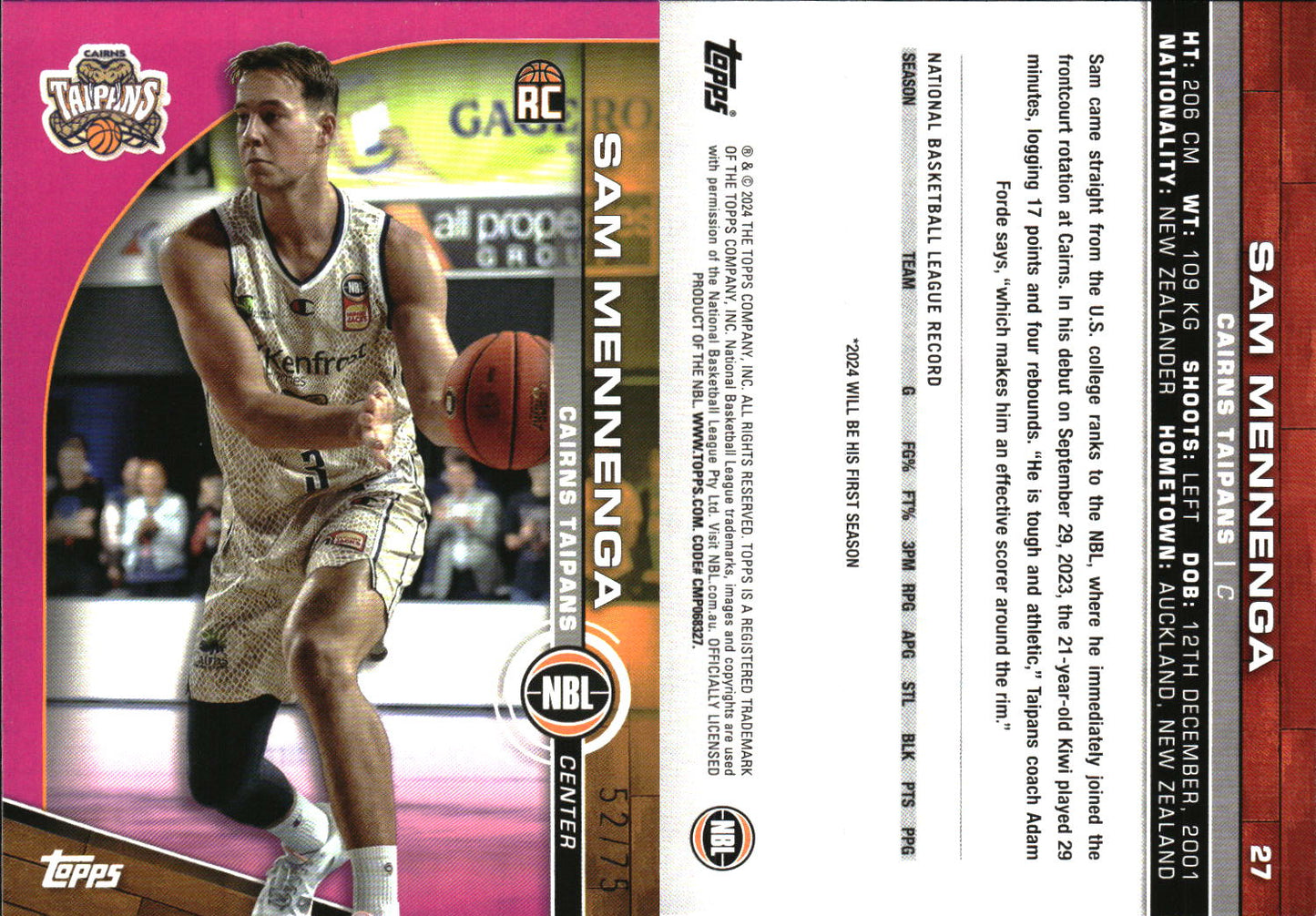2023 2024 Topps NBL Fuschia Pink /75 Sam Mennenga cairns Taipans Rookie