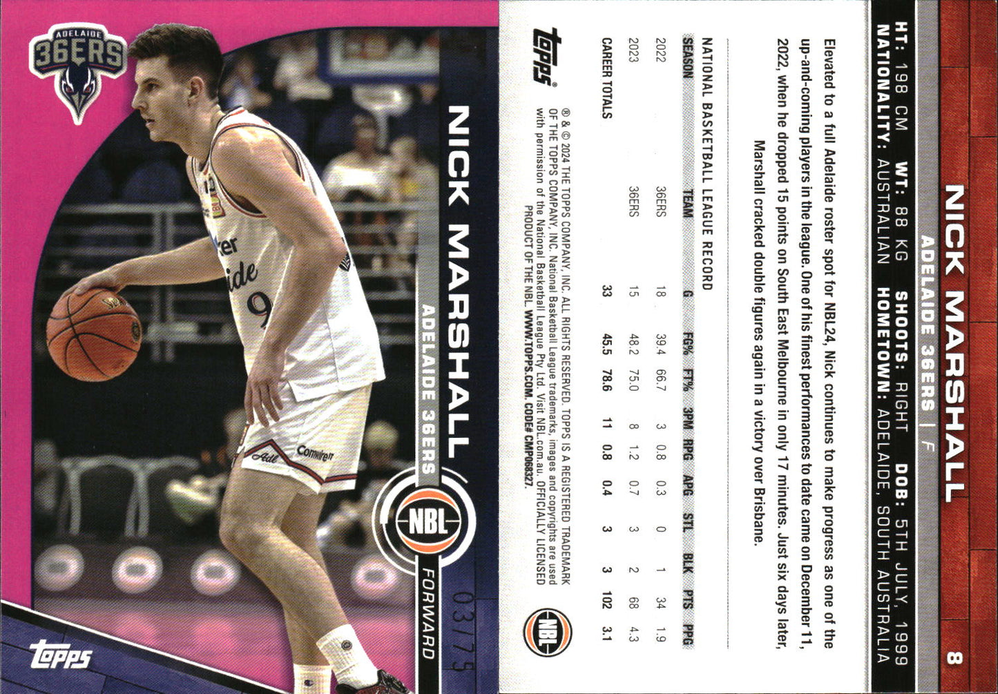 2023 2024 Topps NBL Fuschia Pink /75 Nick Marshall Adelaide 36ers
