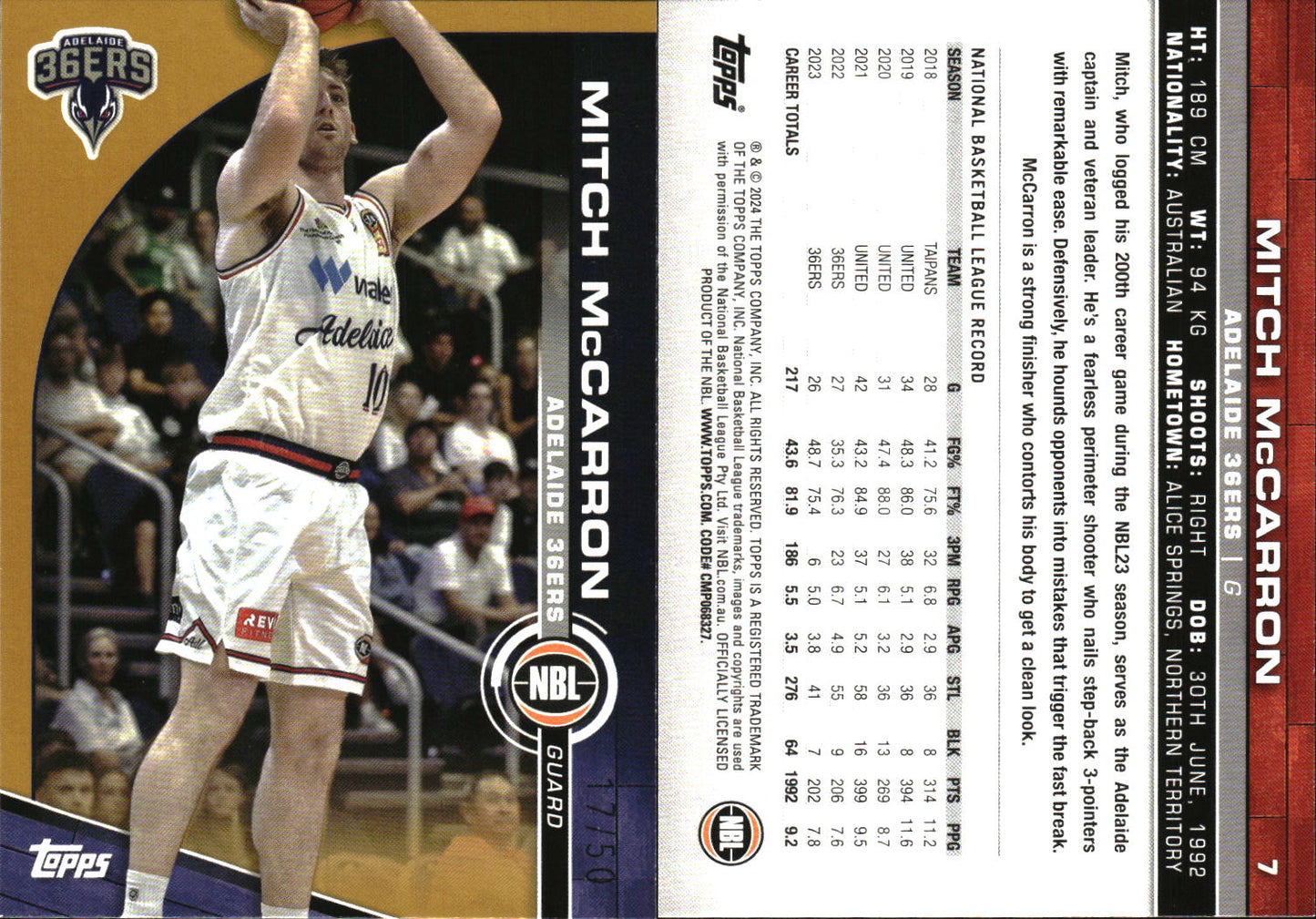 2023 2024 Topps NBL Gold /50 Mitch McCarron Adelaide 36ers