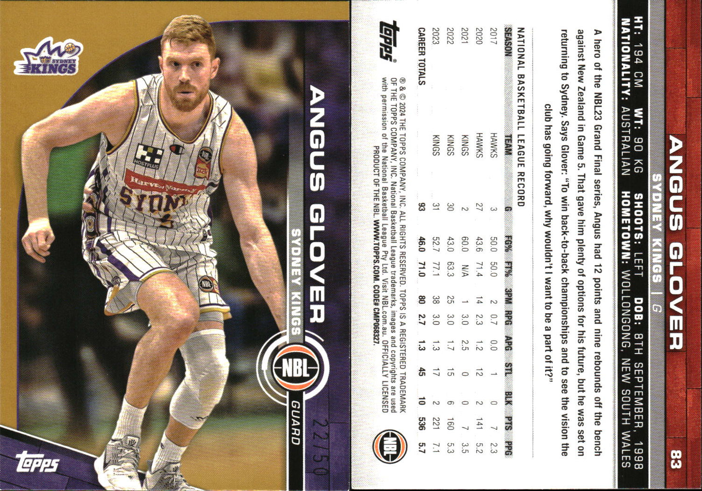 2023 2024 Topps NBL Gold /50 Sydney Kings Angus Glover