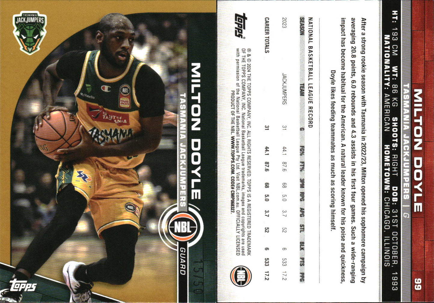 2023 2024 Topps NBL Gold /50 Milton Doyle Tasmania JackJumpers