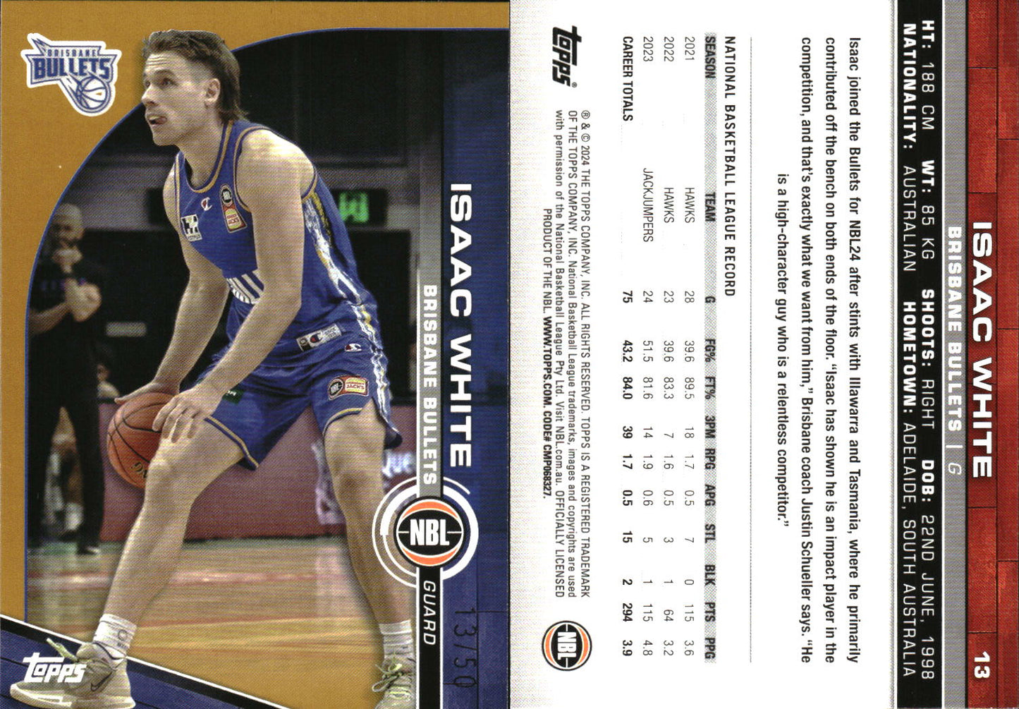2023 2024 Topps NBL Gold /50 Isaac White brisbane Bullets