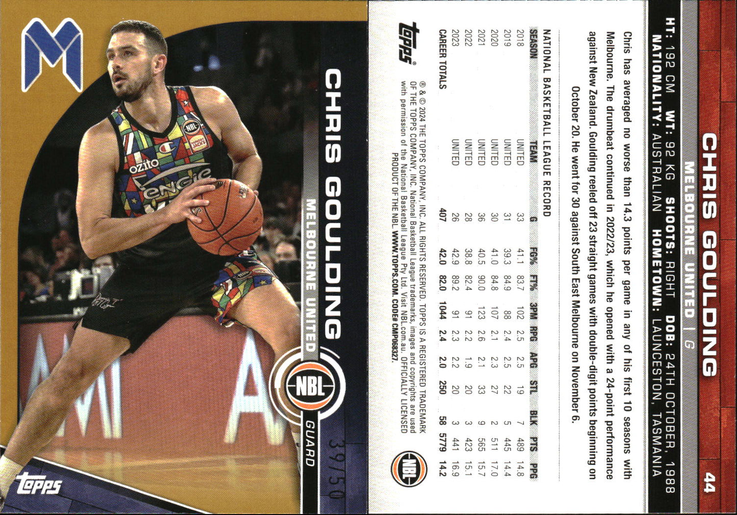 2023 2024 Topps NBL Gold /50 Chris Goulding Melbourne United