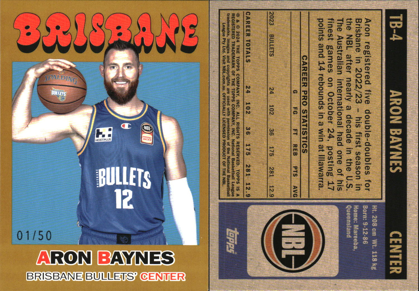 2023 2024 Topps NBL Gold /50 Aron Baynes Throwback Brisbane Bullets #01