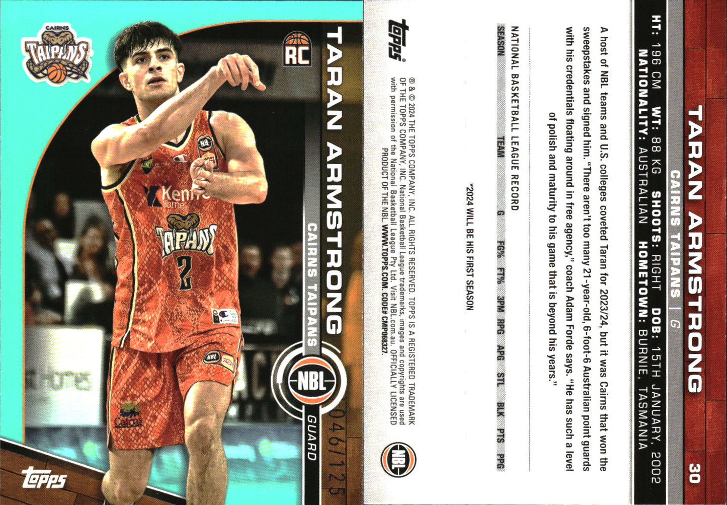 2023 2024 Topps NBL Aqua /125 Taran Armstrong Rookie Cairns Taipans