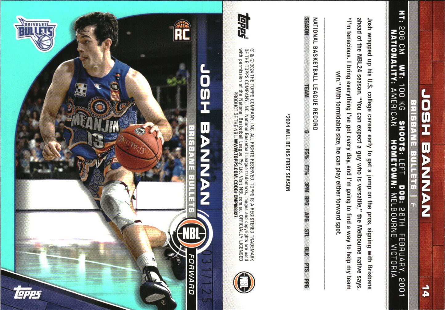2023 2024 Topps NBL Aqua /125 Josh Bannan Rookie Brisbane Bullets