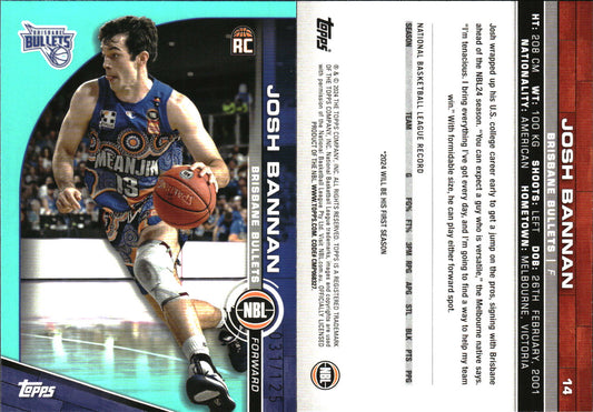 2023 2024 Topps NBL Aqua /125 Josh Bannan Rookie Brisbane Bullets