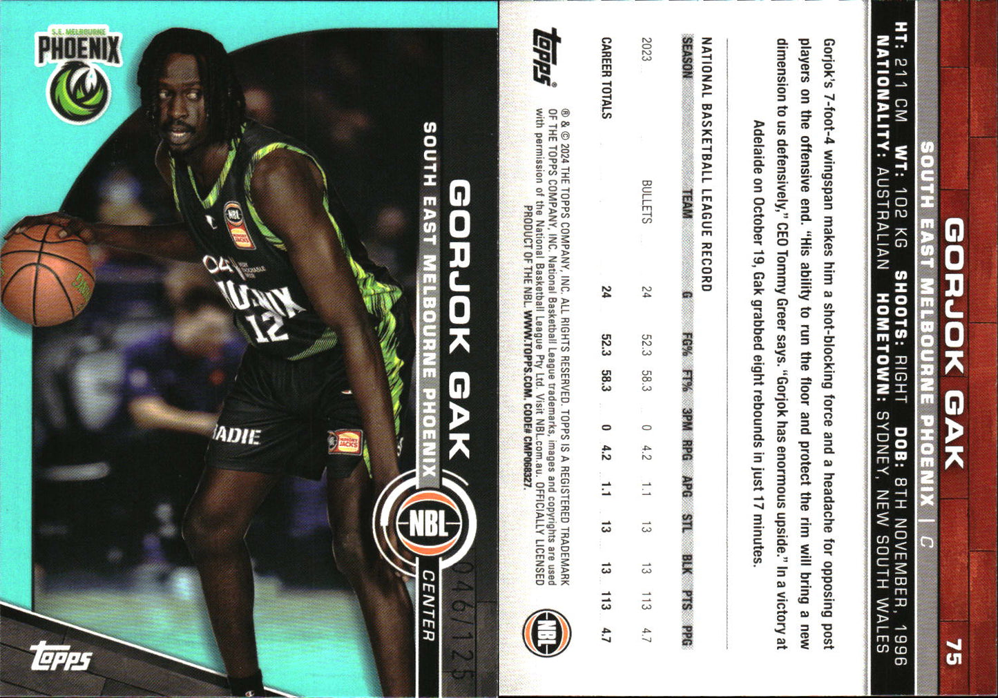 2023 2024 Topps NBL Aqua /125 SE Melbourne Phoenix Gorjok Gak