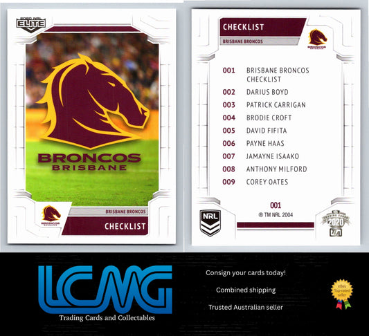 Card #  001 Brisbane Broncos Checklist  2020 NRL Elite