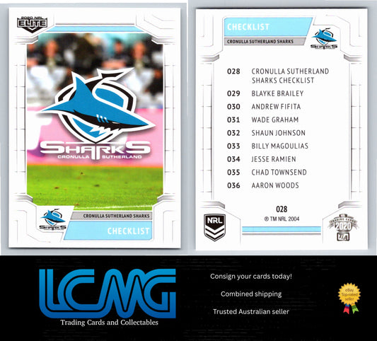 Card #  028 Cronulla Sharks ChecklistL  2020 NRL Elite