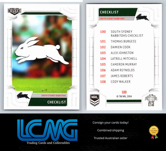 Card #  100 South Sydney Rabbitohs Checklist  2020 NRL Elite